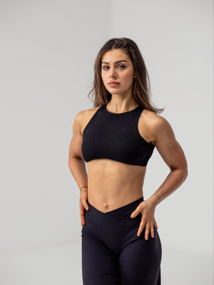 Seamless High Neck Open Back Bra- Midnight
